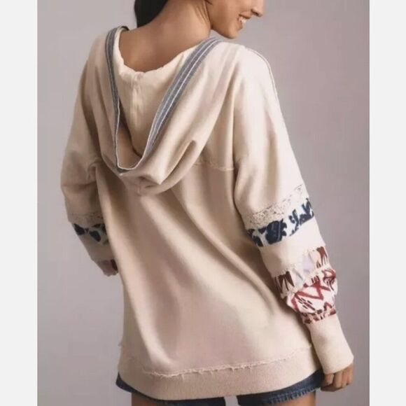 Anthropologie Pilcro Crafted Button Front Pullover Hooded Printed Lace Cream XS - Picture 2 of 8
